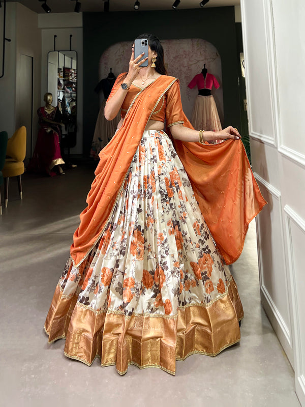 Carrot Color Floral Print With Zari Weaving Work Dola Silk Lehenga Choli