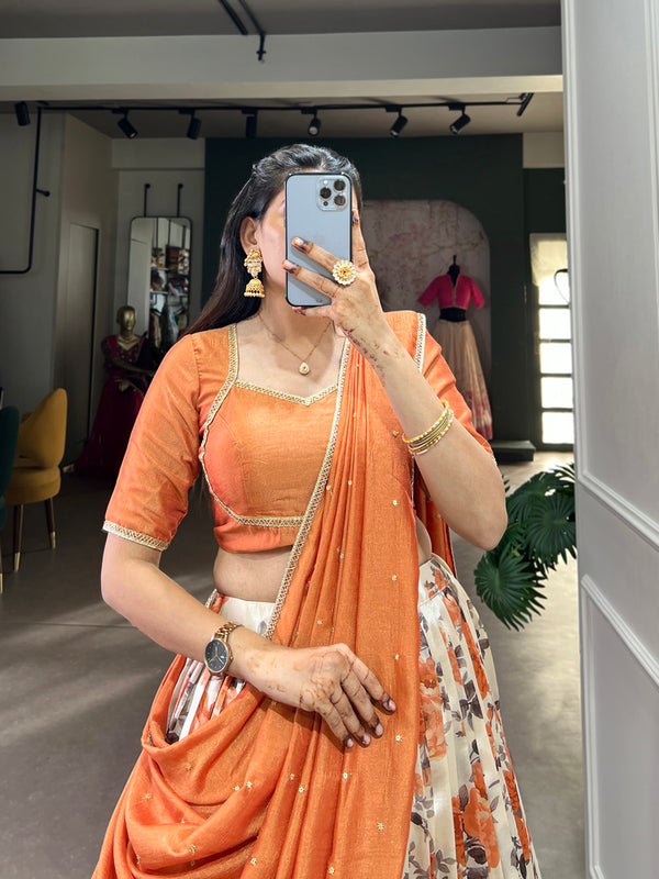 Carrot Color Floral Print With Zari Weaving Work Dola Silk Lehenga Choli