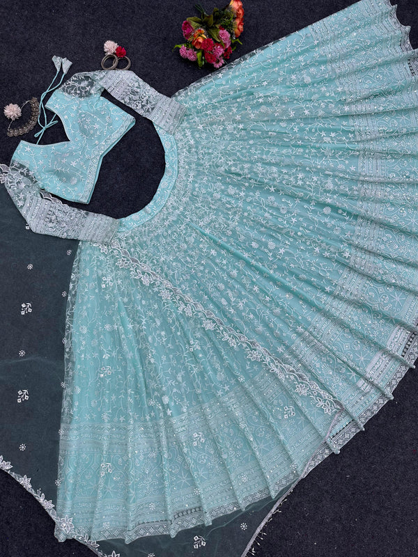 Delightful Sky Blue Color Thread Work Lehenga Choli