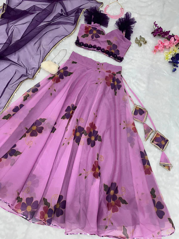 Flower Print Onion Color Organza Silk Lehenga Choli