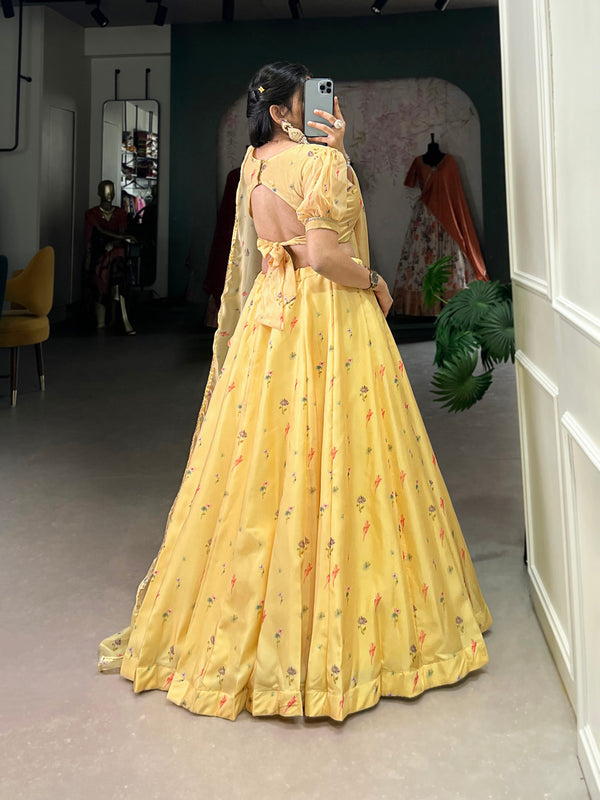 Lemon Color Floral Printed Tabby Silk Lehenga Choli