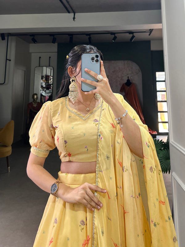Lemon Color Floral Printed Tabby Silk Lehenga Choli