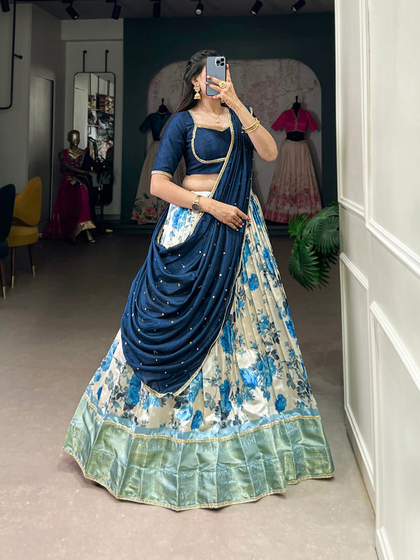 Navy Blue Color Floral Print With Zari Weaving Work Dola Silk Lehenga Choli
