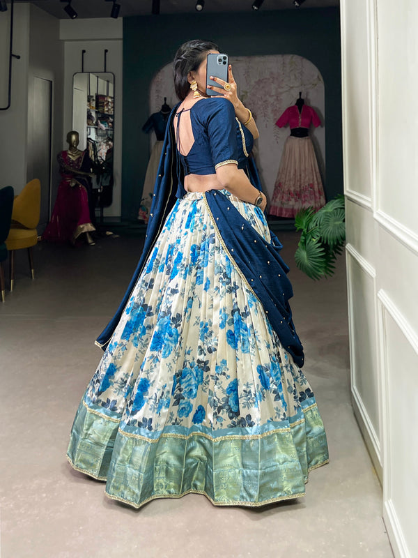 Navy Blue Color Floral Print With Zari Weaving Work Dola Silk Lehenga Choli