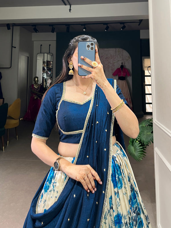 Navy Blue Color Floral Print With Zari Weaving Work Dola Silk Lehenga Choli