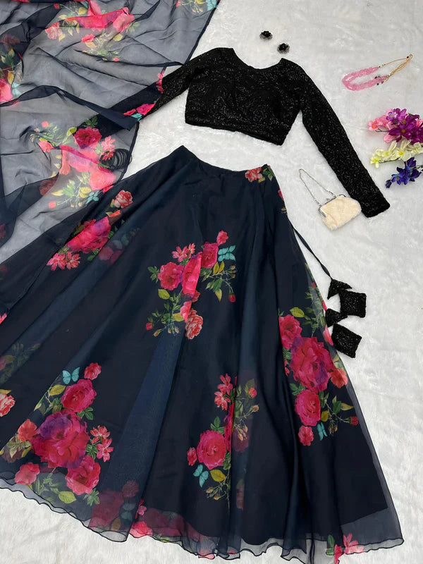 Organza Silk Black Floral Printed Lehenga With Sequence Work Blouse