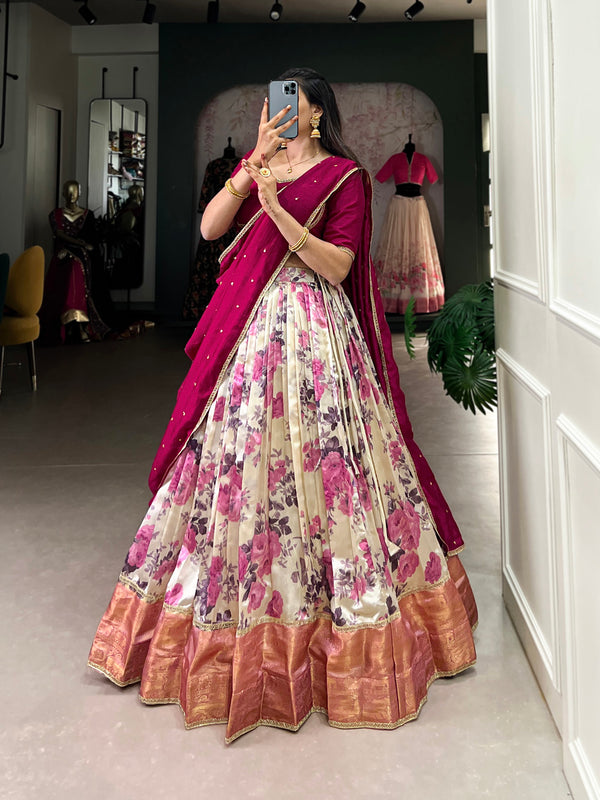 Rani Pink Color Floral Print With Zari Weaving Work Dola Silk Lehenga Choli