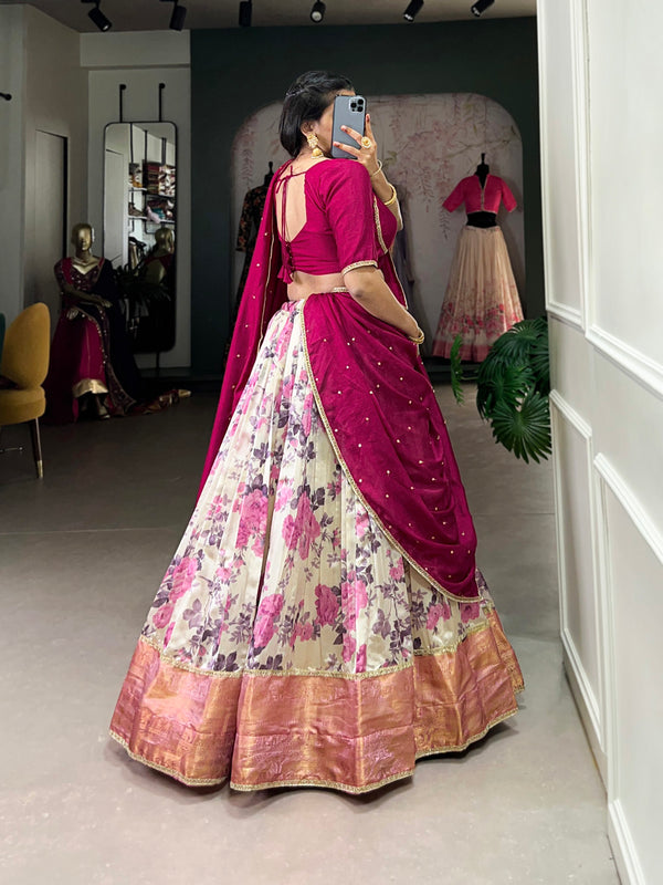 Rani Pink Color Floral Print With Zari Weaving Work Dola Silk Lehenga Choli