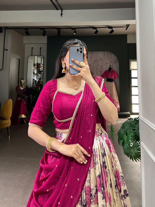 Rani Pink Color Floral Print With Zari Weaving Work Dola Silk Lehenga Choli