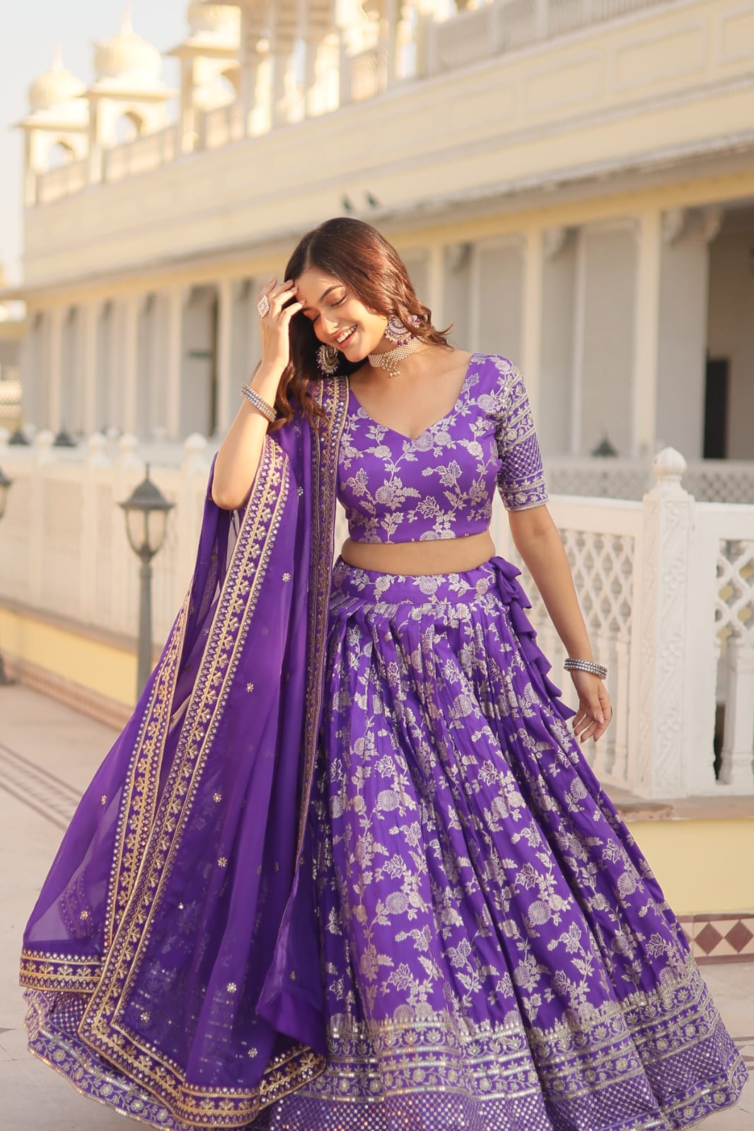 Wedding Wear Lavender Color Jacquard Embroidered Sequins Work Lehenga Choli