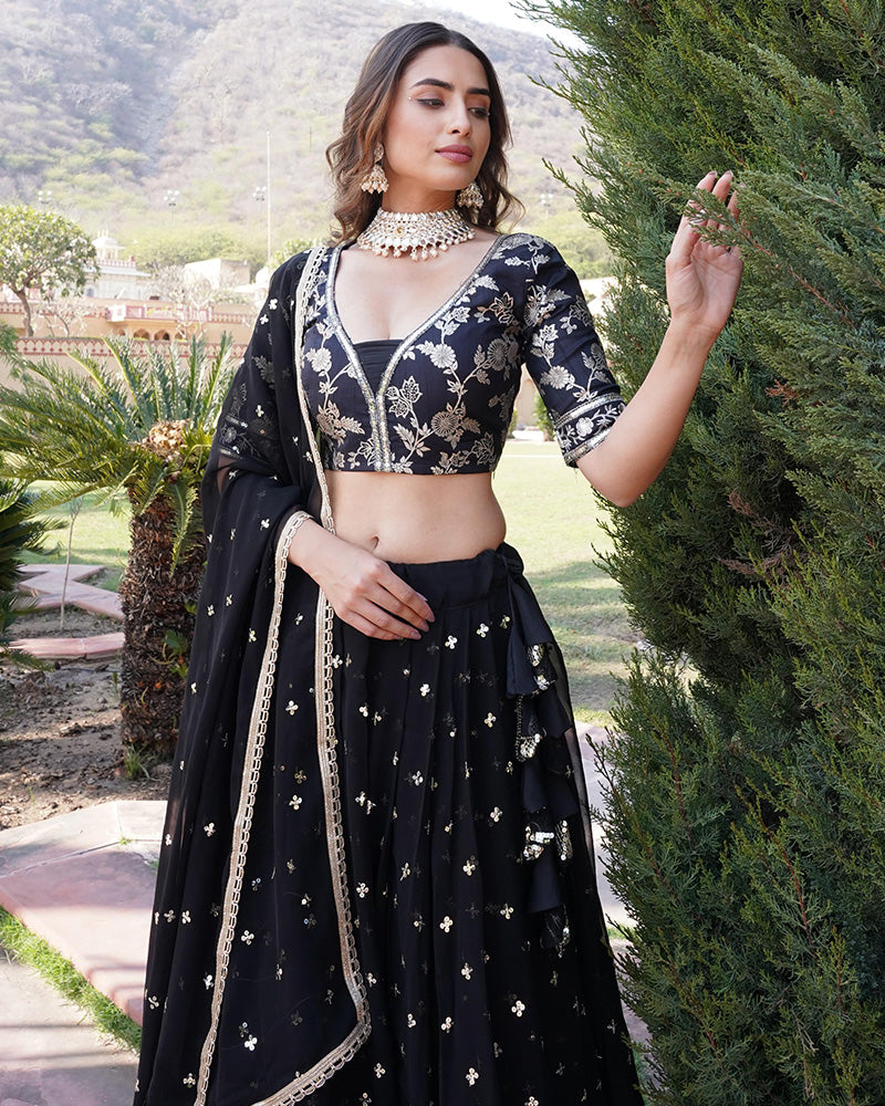 Sequence Embroidered Faux Blooming Black Lehenga Choli