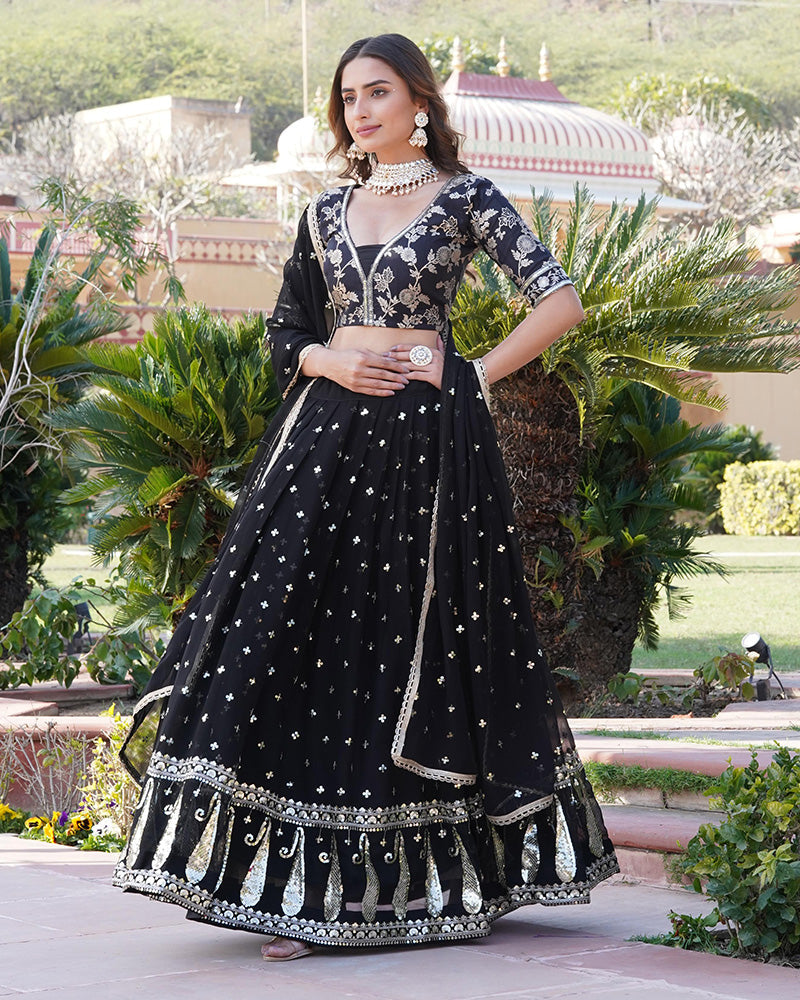 Sequence Embroidered Faux Blooming Black Lehenga Choli