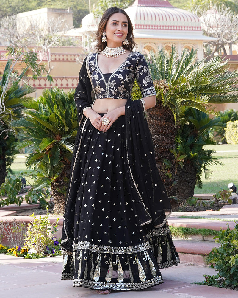 Sequence Embroidered Faux Blooming Black Lehenga Choli