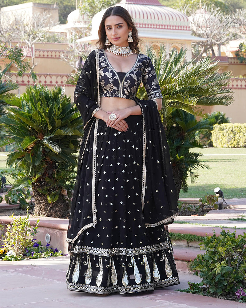 Sequence Embroidered Faux Blooming Black Lehenga Choli