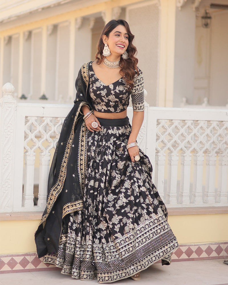 Pure Viscose Jacquard Black Lehenga Choli