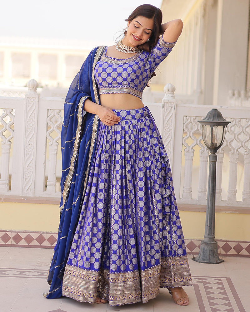 Pure Viscose Jacquard Blue Lehenga Choli
