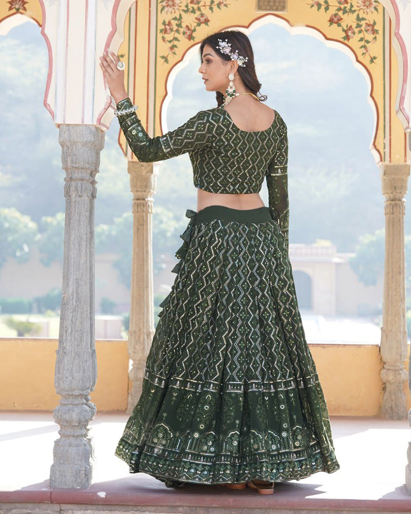 Georgette Heavy Embroidery Threaded Semi Stitched Dark Green Lehenga Choli