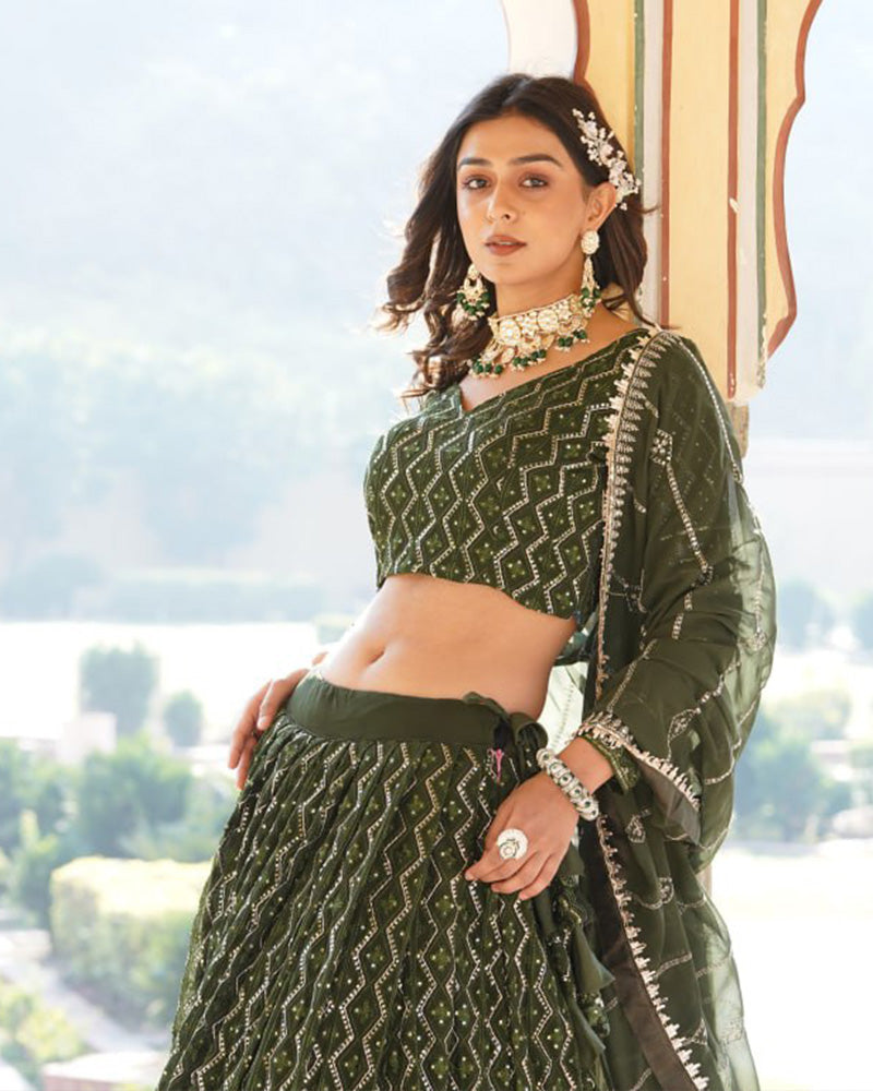 Georgette Heavy Embroidery Threaded Semi Stitched Dark Green Lehenga Choli