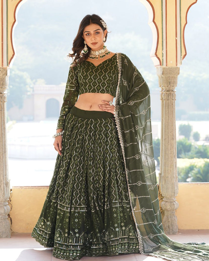 Georgette Heavy Embroidery Threaded Semi Stitched Dark Green Lehenga Choli