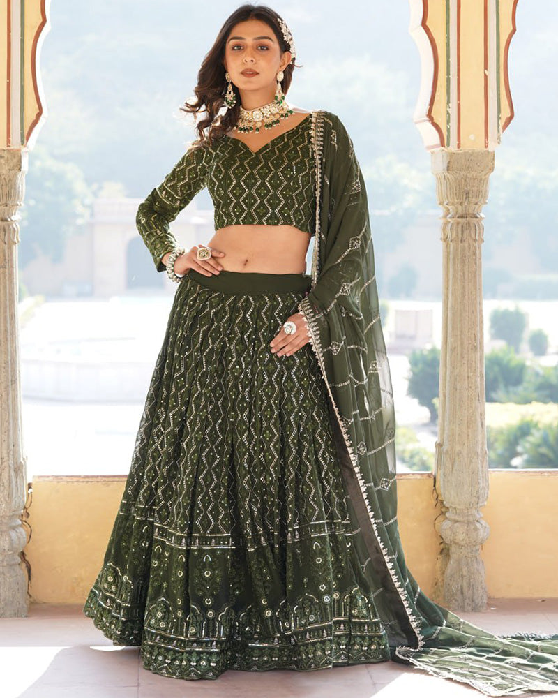 Georgette Heavy Embroidery Threaded Semi Stitched Dark Green Lehenga Choli