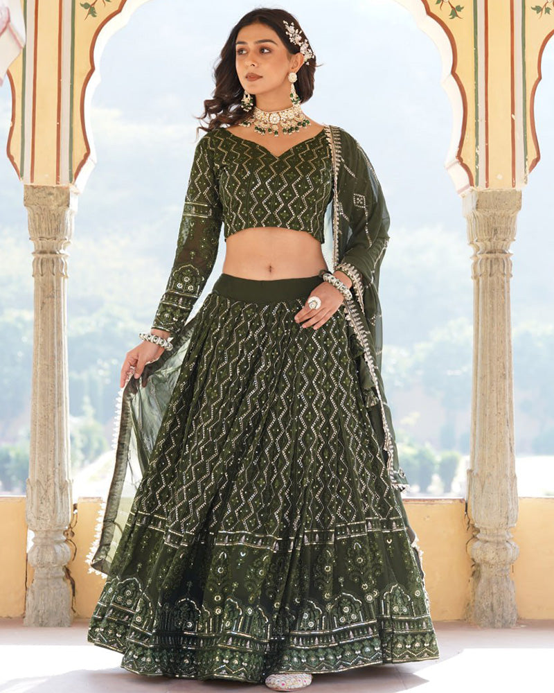 Georgette Heavy Embroidery Threaded Semi Stitched Dark Green Lehenga Choli