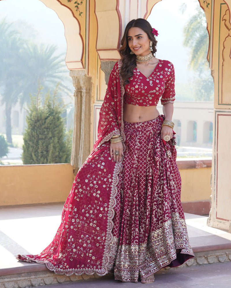 Designer Jacquard Sequence Embroidered Rani Pink Lehenga Choli