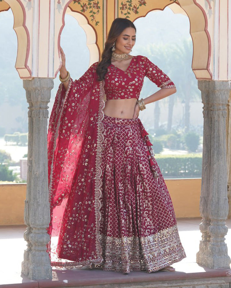 Designer Jacquard Sequence Embroidered Rani Pink Lehenga Choli