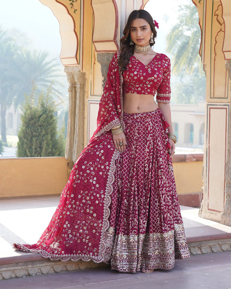 Designer Jacquard Sequence Embroidered Rani Pink Lehenga Choli