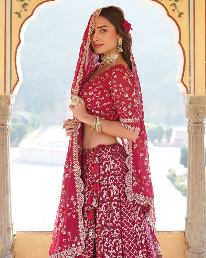 Designer Jacquard Sequence Embroidered Rani Pink Lehenga Choli
