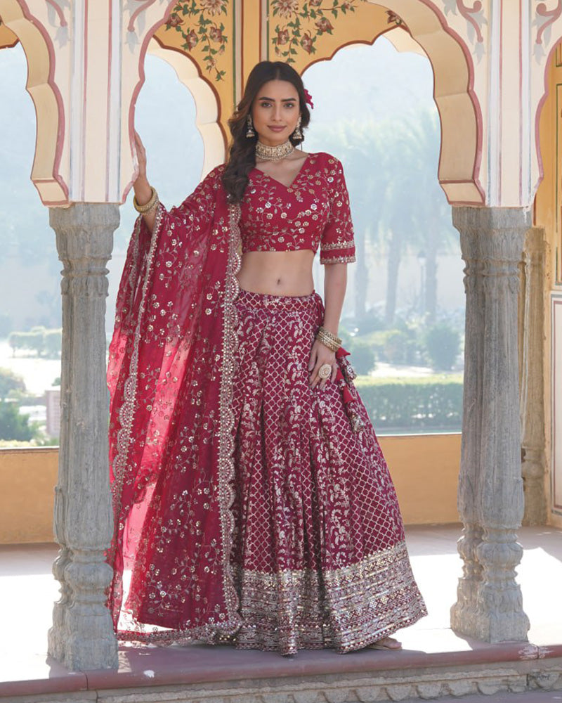 Designer Jacquard Sequence Embroidered Rani Pink Lehenga Choli