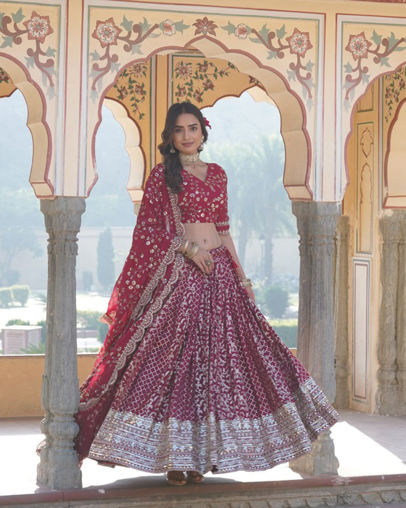 Designer Jacquard Sequence Embroidered Rani Pink Lehenga Choli
