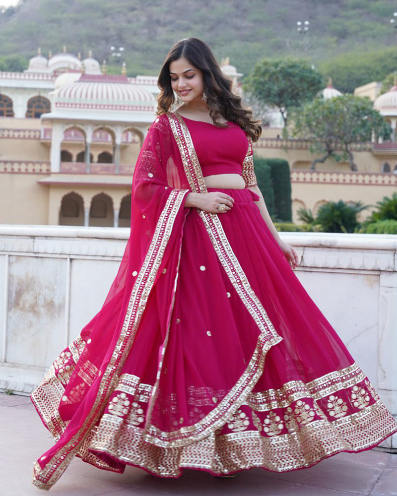 Designer Faux Blooming Semi Stitched Pink Lehenga Choli