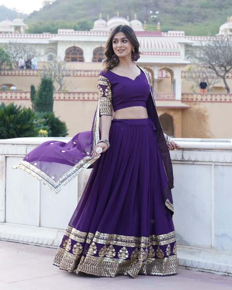 Designer Faux Blooming Semi Stitched Purple Lehenga Choli