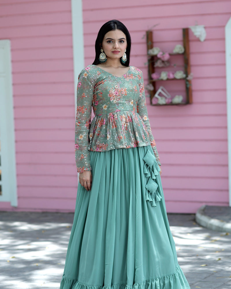 Designer Sequins Embroidery Ready To Wear Rama Lehenga Choli
