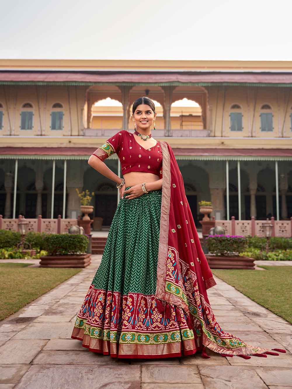 Green Color Hyderabadi Patola With Foil Print Tussar Silk Lehenga Choli