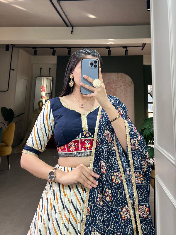 Navy Blue Color Laheriya With Patola Print Cotton Lehenga Choli