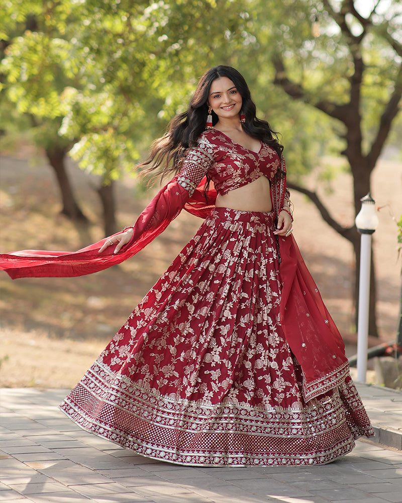 Pure Viscose Jacquard Maroon Lehenga Choli