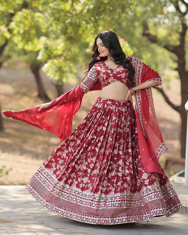 Pure Viscose Jacquard Maroon Lehenga Choli