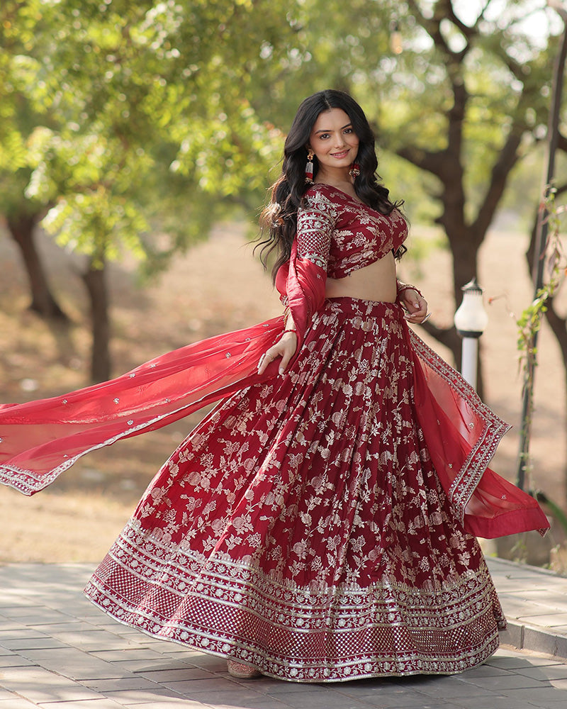 Pure Viscose Jacquard Maroon Lehenga Choli