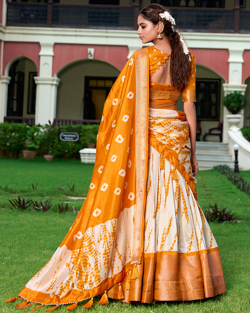 Mustard Color Dola Silk Shibori Print Traditional Half Saree Lehenga