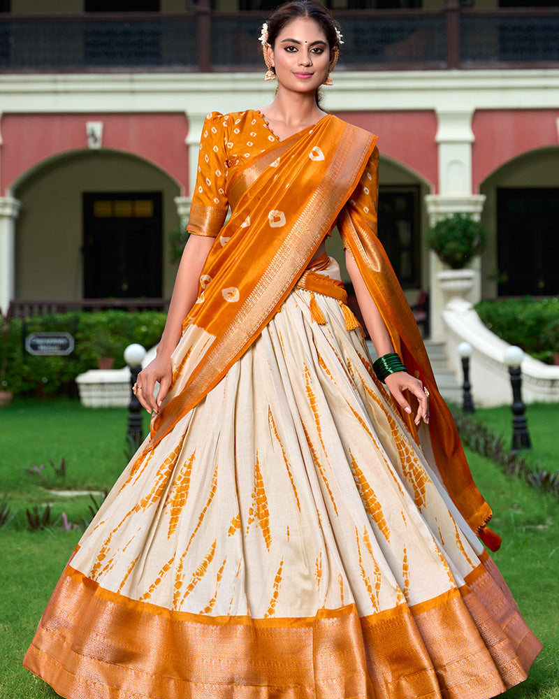 Mustard Color Dola Silk Shibori Print Traditional Half Saree Lehenga