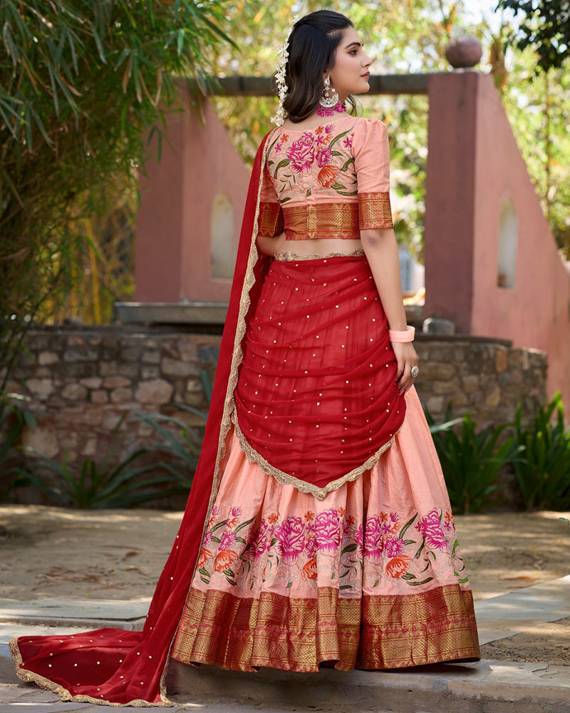 Cotton Silk Designer Peach South Indian Half Saree Lehenga