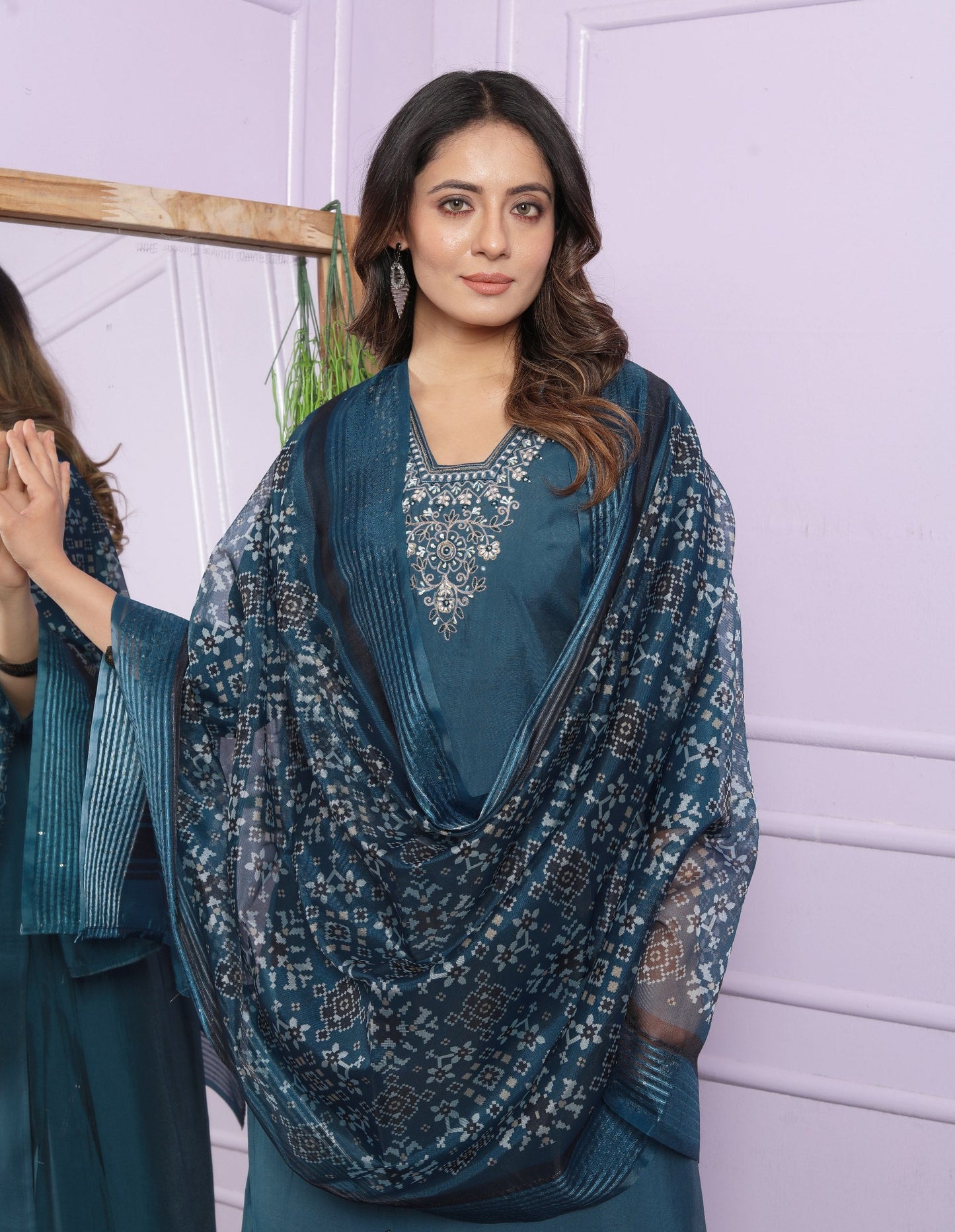 Blue Color Hand Work Art Silk Palazzo Style Salwar Suit Set
