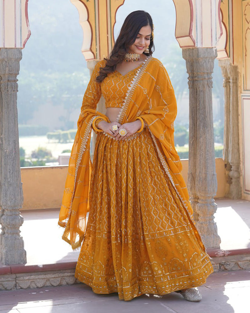 Georgette Heavy Embroidery Threaded Semi Stitched Yellow Lehenga Choli