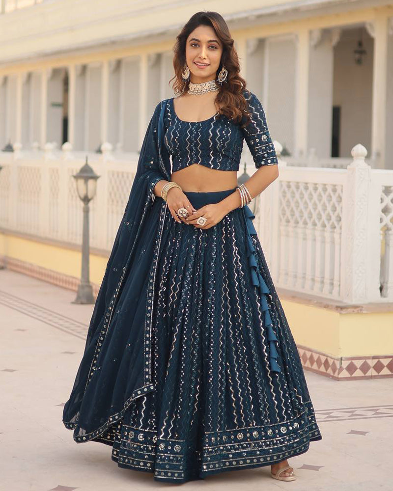 Blooming Soft Georgette Heavy Embroidery Threaded Semi Stitched Rama Lehenga Choli