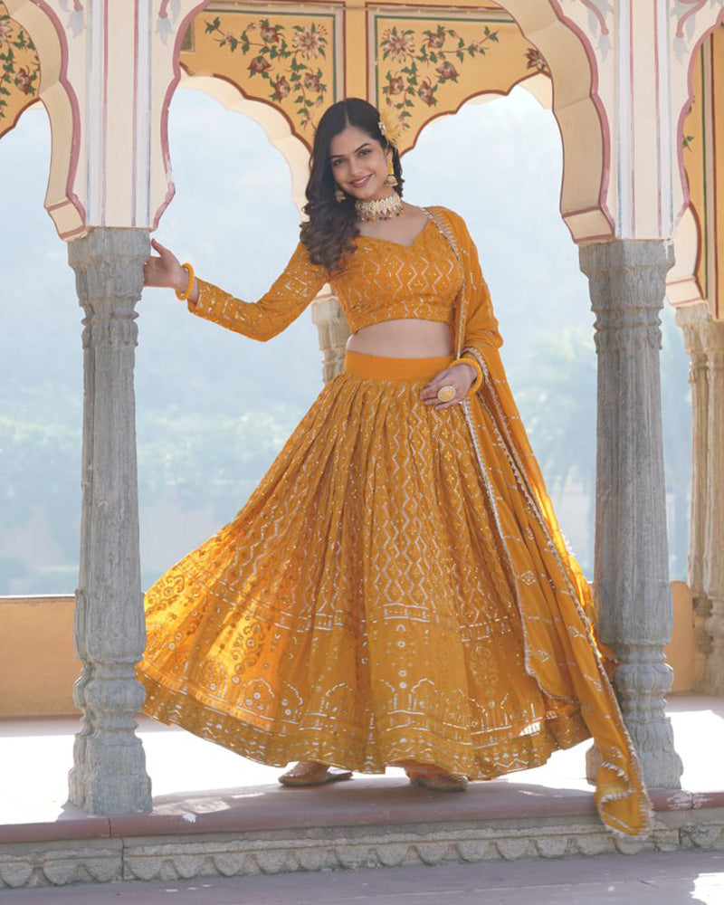 Georgette Heavy Embroidery Threaded Semi Stitched Yellow Lehenga Choli