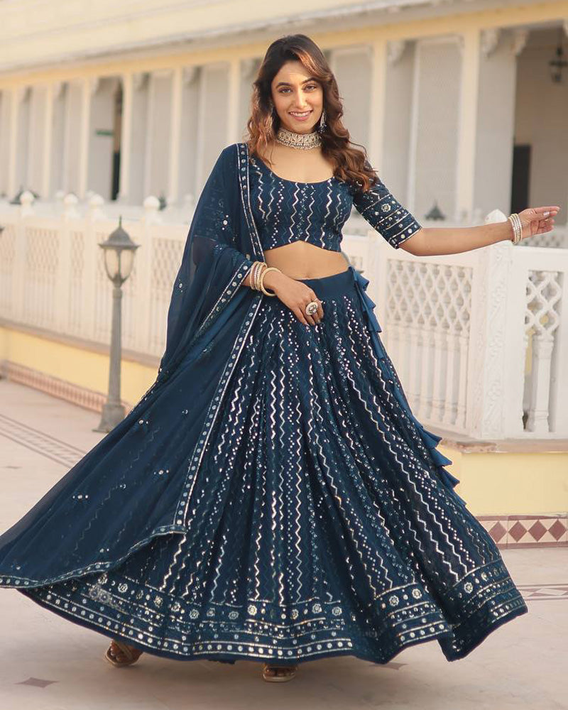 Blooming Soft Georgette Heavy Embroidery Threaded Semi Stitched Rama Lehenga Choli