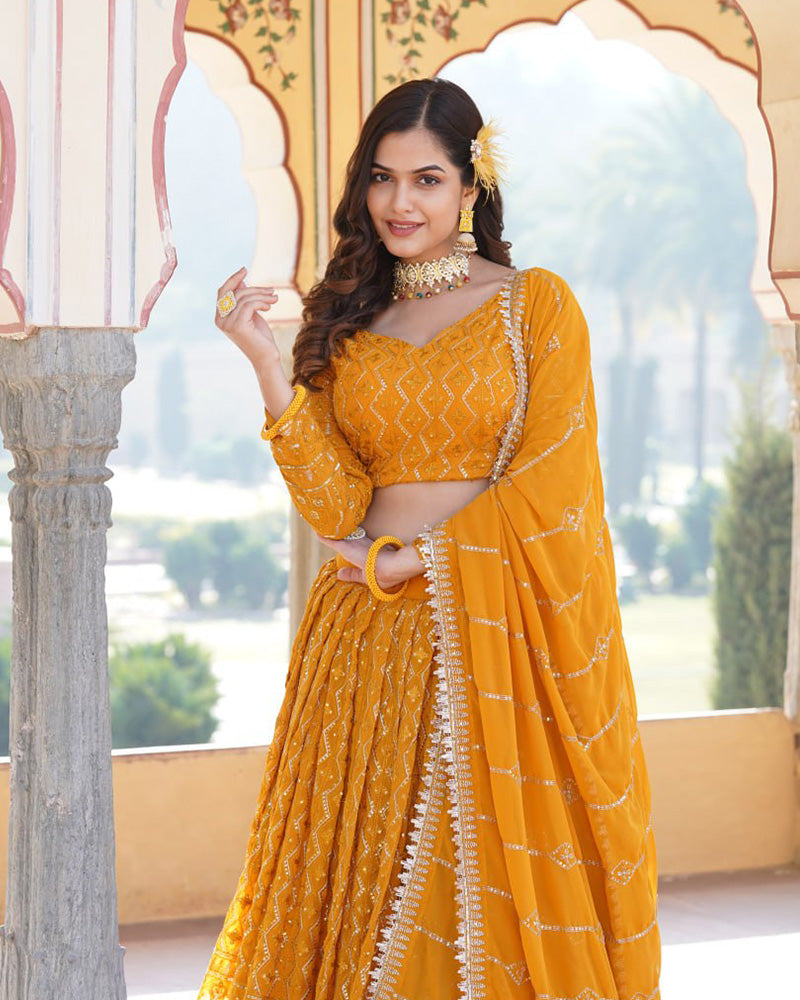 Georgette Heavy Embroidery Threaded Semi Stitched Yellow Lehenga Choli