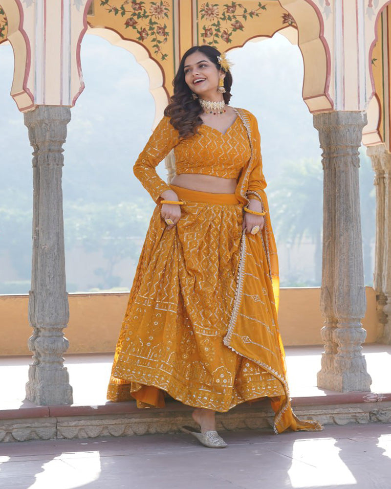 Georgette Heavy Embroidery Threaded Semi Stitched Yellow Lehenga Choli