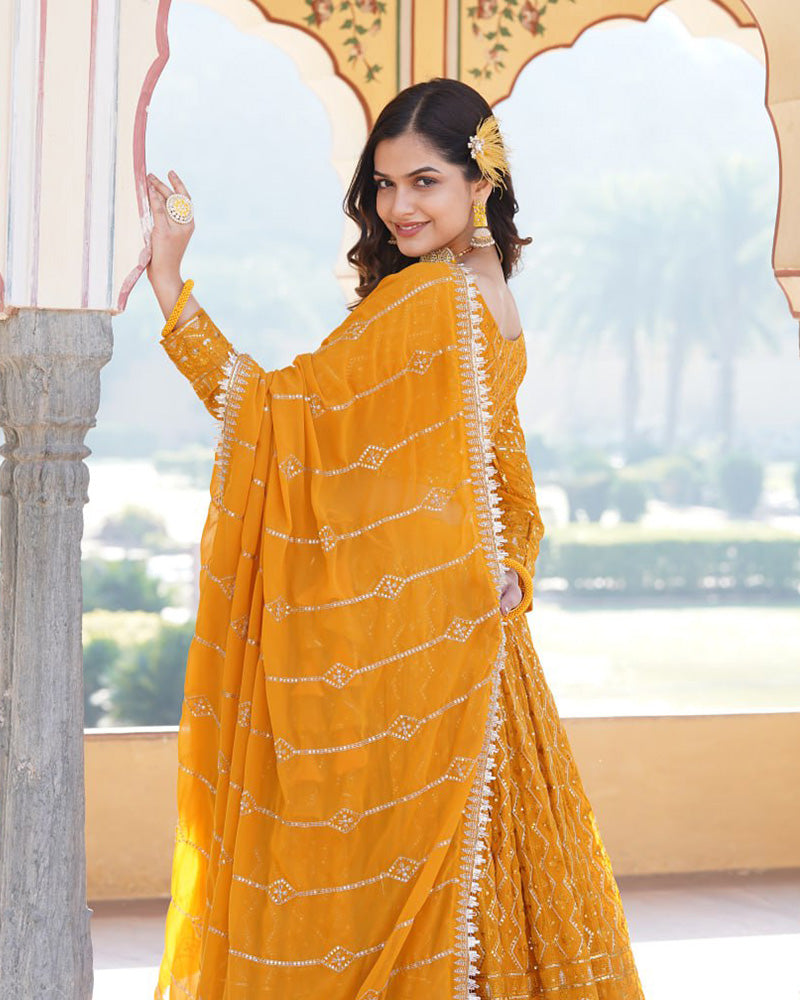 Georgette Heavy Embroidery Threaded Semi Stitched Yellow Lehenga Choli